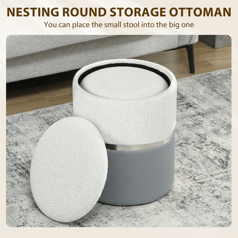 Cream and grey HOMCOM nesting round storage ottomans set of 2 with textured fabric top and silver metallic band