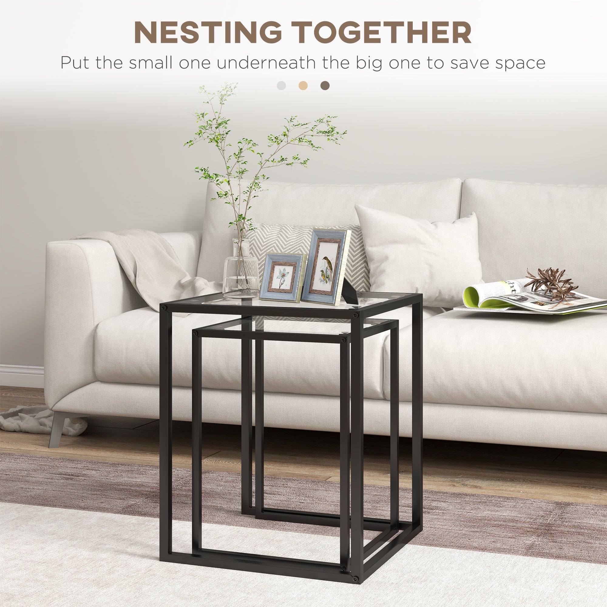 Black metal nesting table set of 2 with tempered glass tops and steel frame perfect for living room use