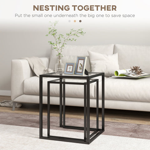 Black metal nesting table set of 2 with tempered glass tops and steel frame perfect for living room use