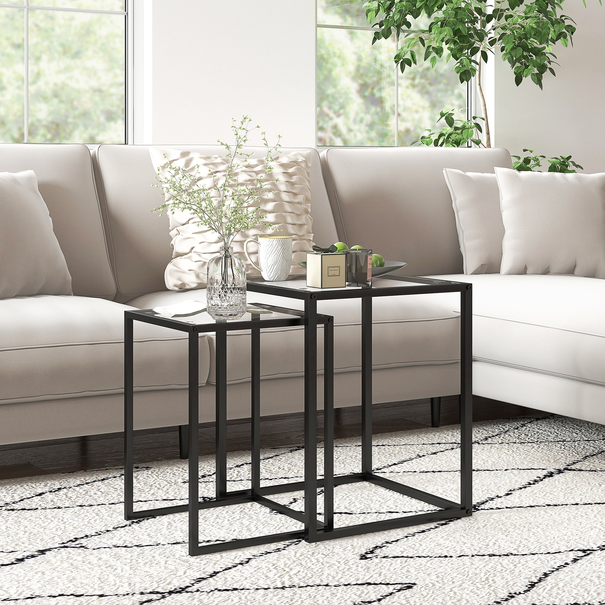 Homcom black metal nesting tables set of 2 with tempered glass tops perfect for living room or bedroom use