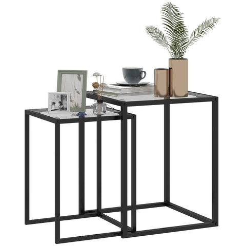Black metal nesting tables set of 2 with tempered glass tops and steel frame for living room use