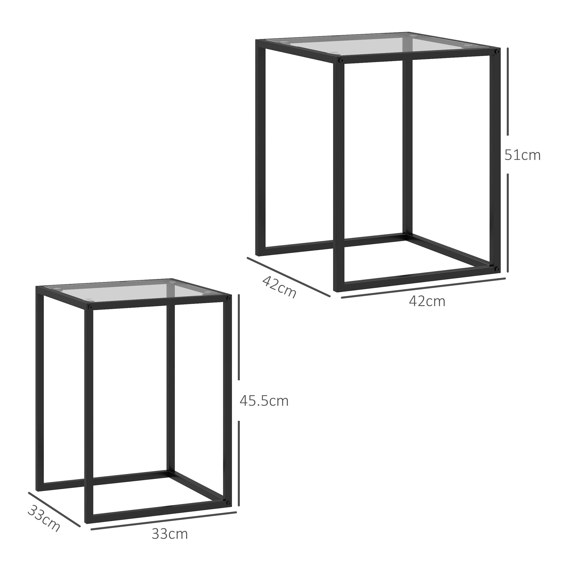 Black metal framed nesting side tables set of 2 with tempered glass tops for living room or bedroom use