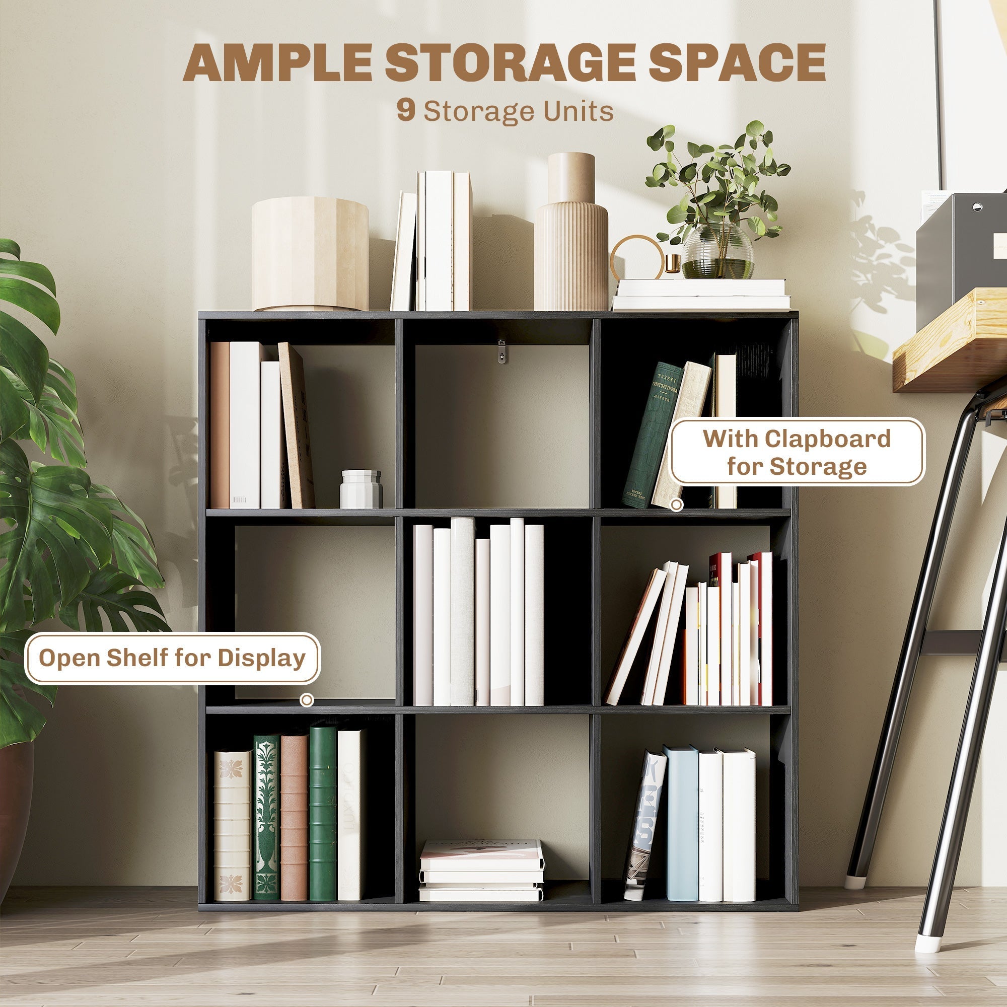 Black homcom nine-cube storage shelf made of particle board with nine open modular shelves for display and storage