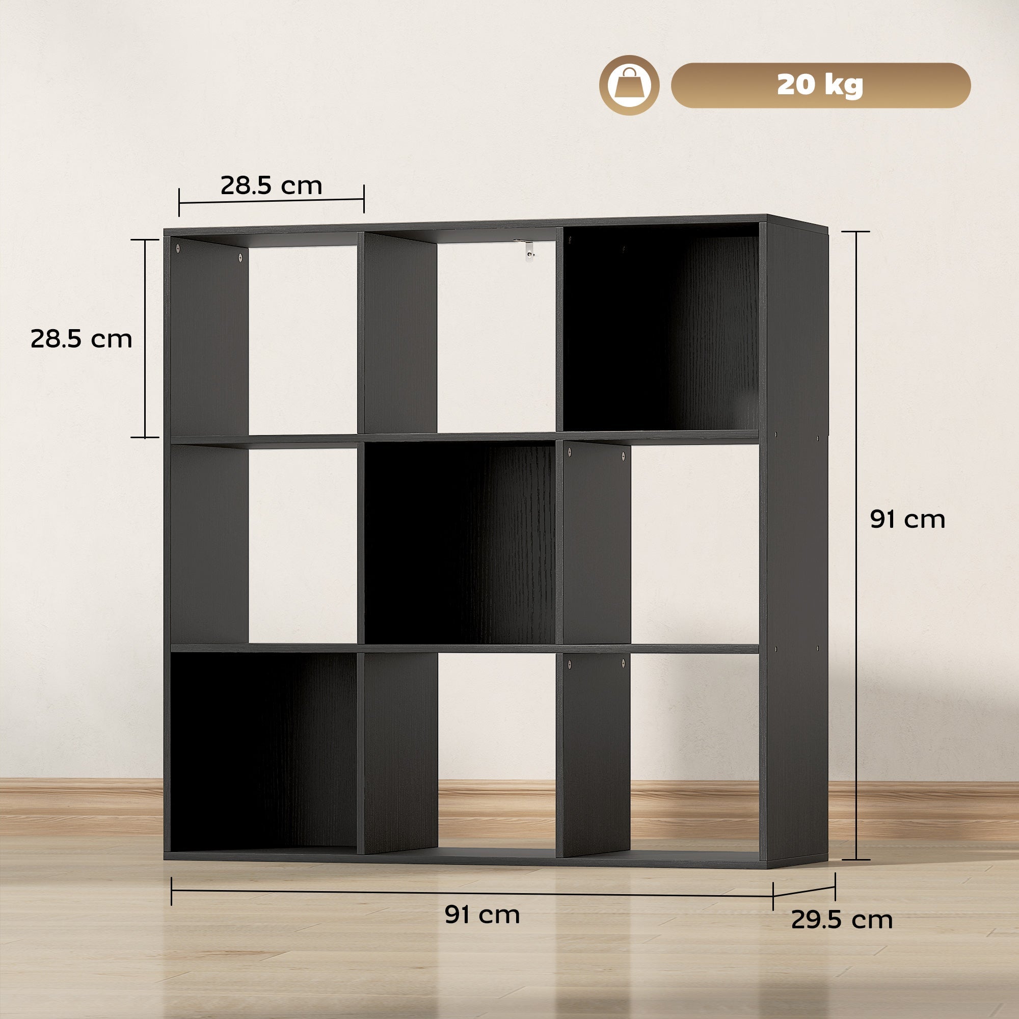 Black homcom nine-cube storage shelf made of particle board with sleek minimalist modular design and open cubbies