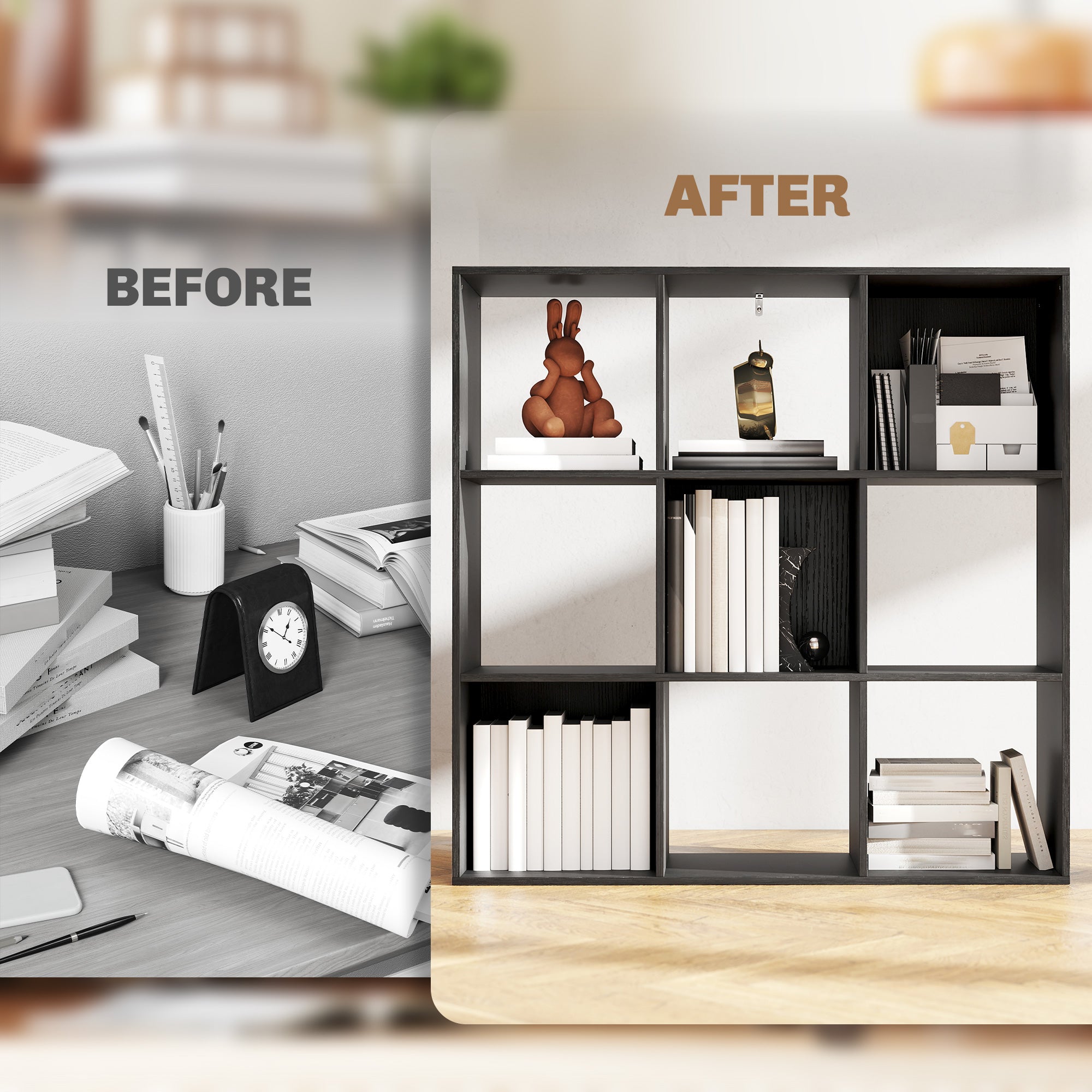 Black particle board homcom nine-cube storage shelf with nine compartments holding books and a brown rabbit figurine