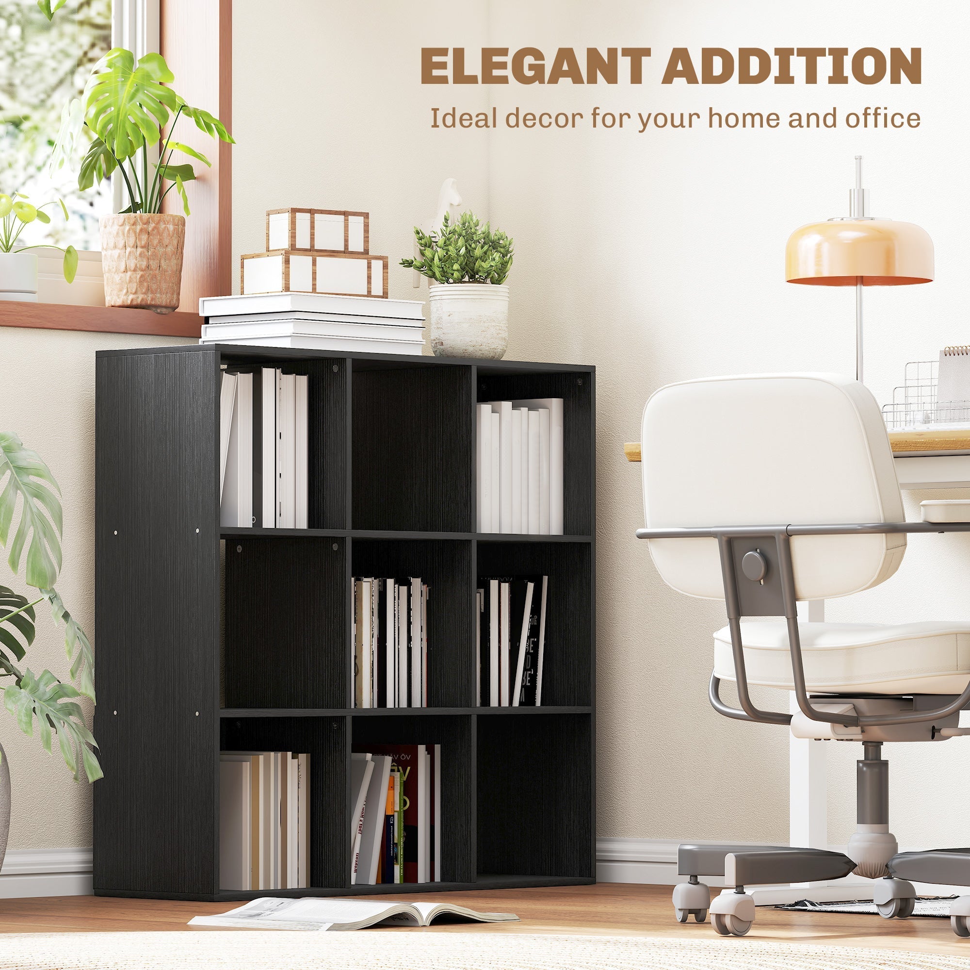 Black wooden bookshelf with nine square compartments made from particle board by HOMCOM for versatile storage