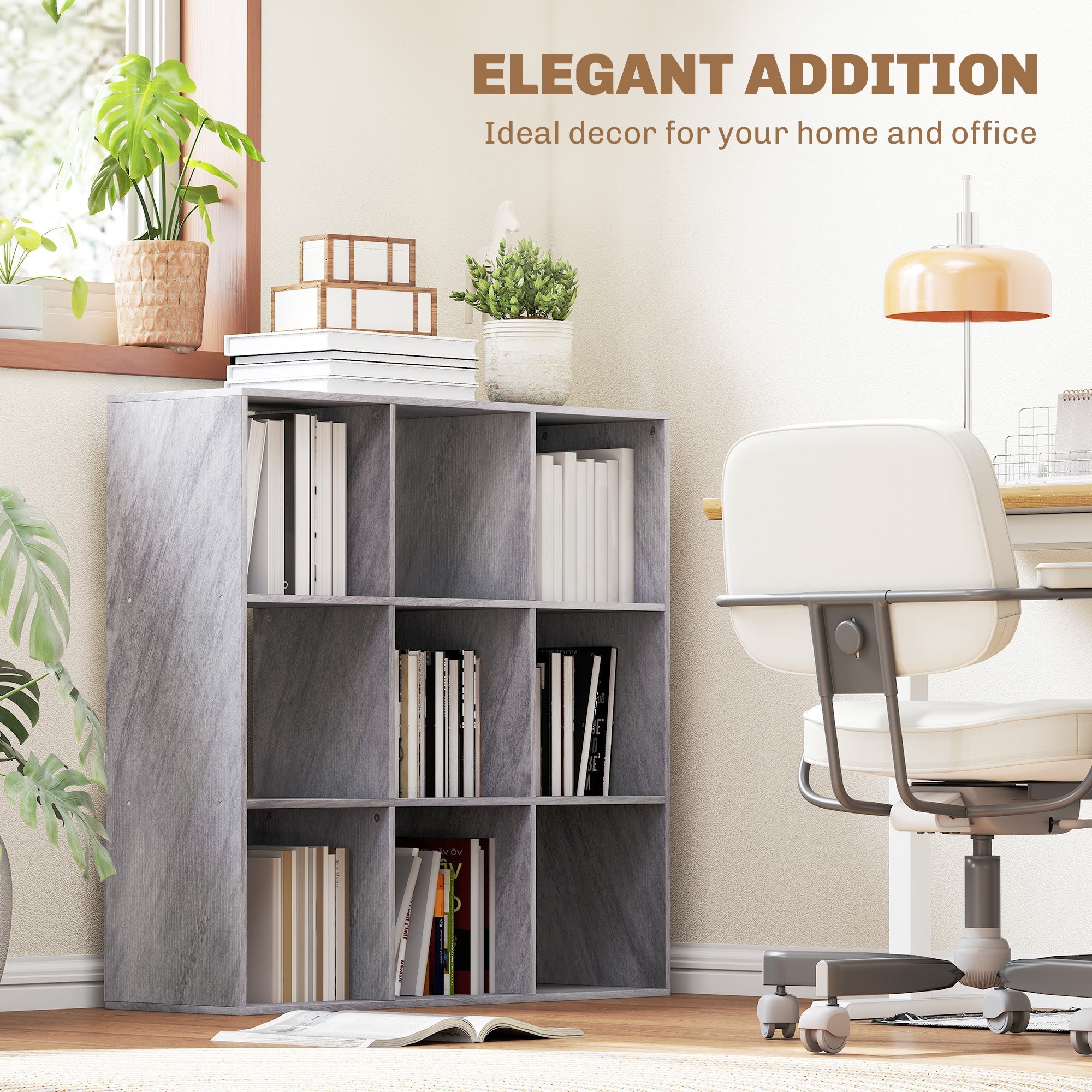 Gray wood-grain finish HOMCOM nine-cube storage shelf in marble grey particle board with open compartments for organizing