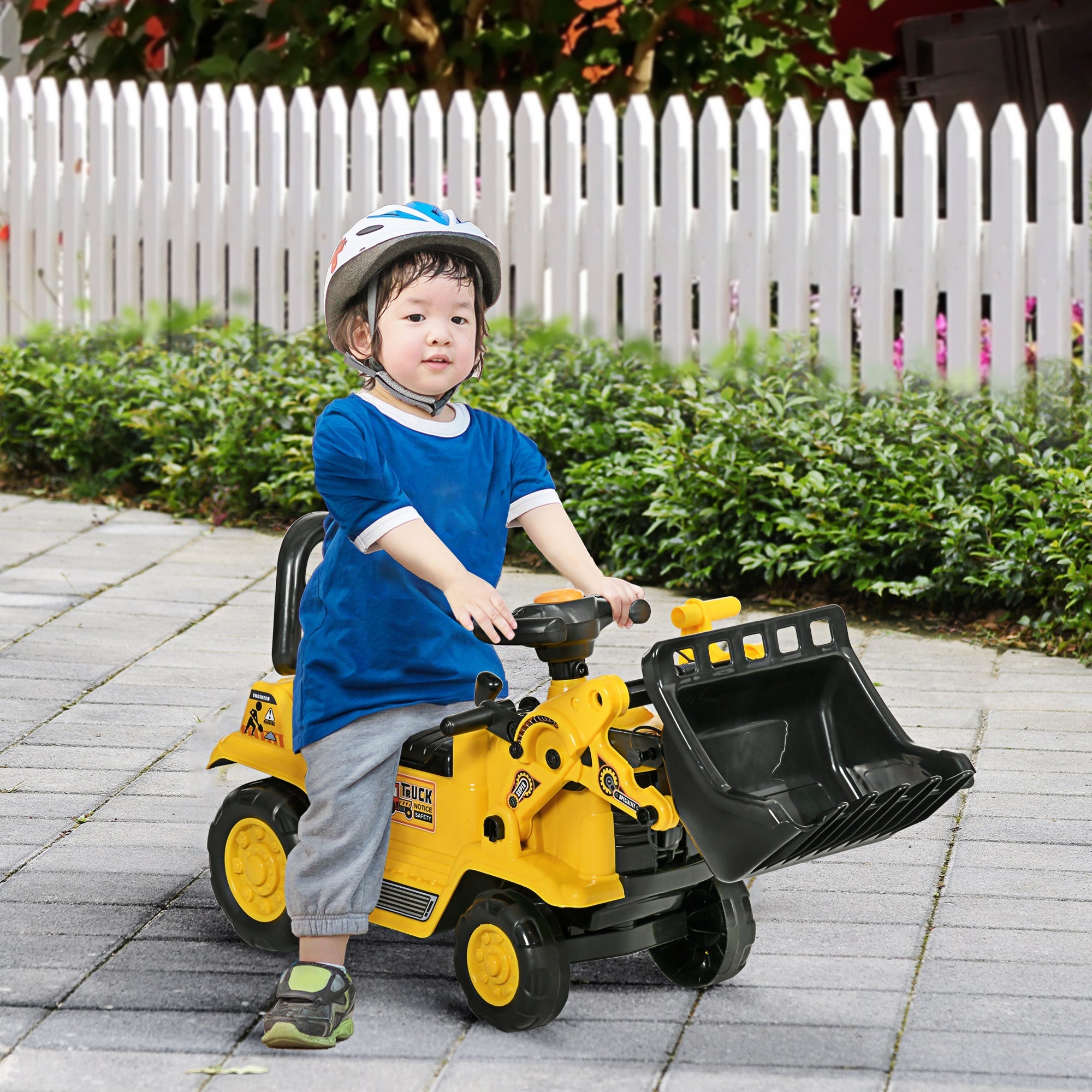 Yellow plastic homcom no power 3 in 1 ride on toy excavator with four wheels and steering wheel for toddler play