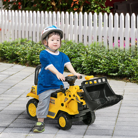 Yellow plastic homcom no power 3 in 1 ride on toy excavator with four wheels and steering wheel for toddler play
