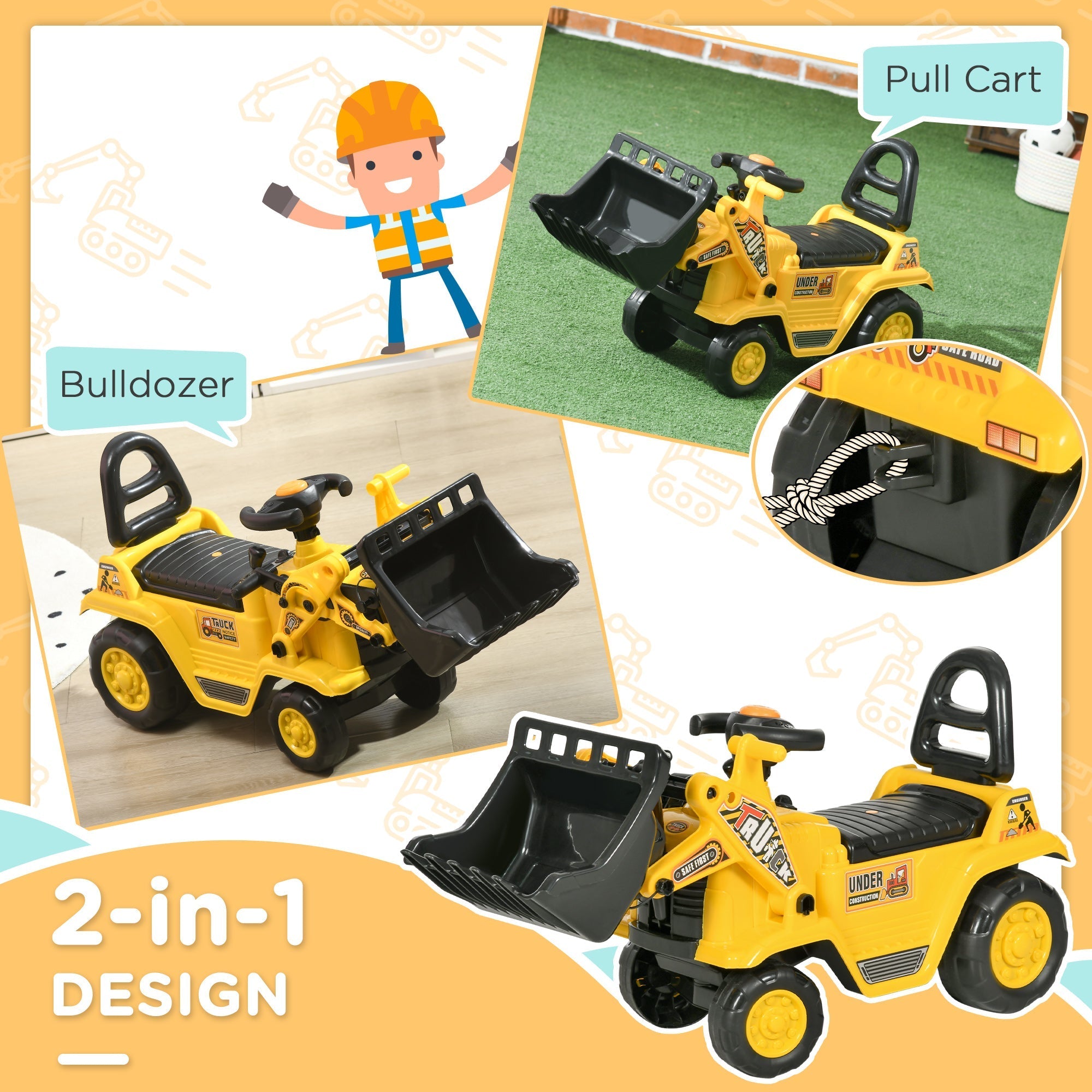 Yellow and black plastic toy bulldozer with four wheels and steering wheel featuring under construction branding on the side