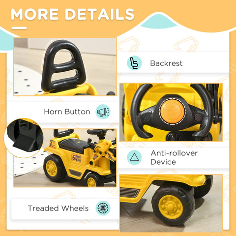 Yellow plastic toy bulldozer with four wheels and black steering wheel for toddler pretend play by HOMCOM