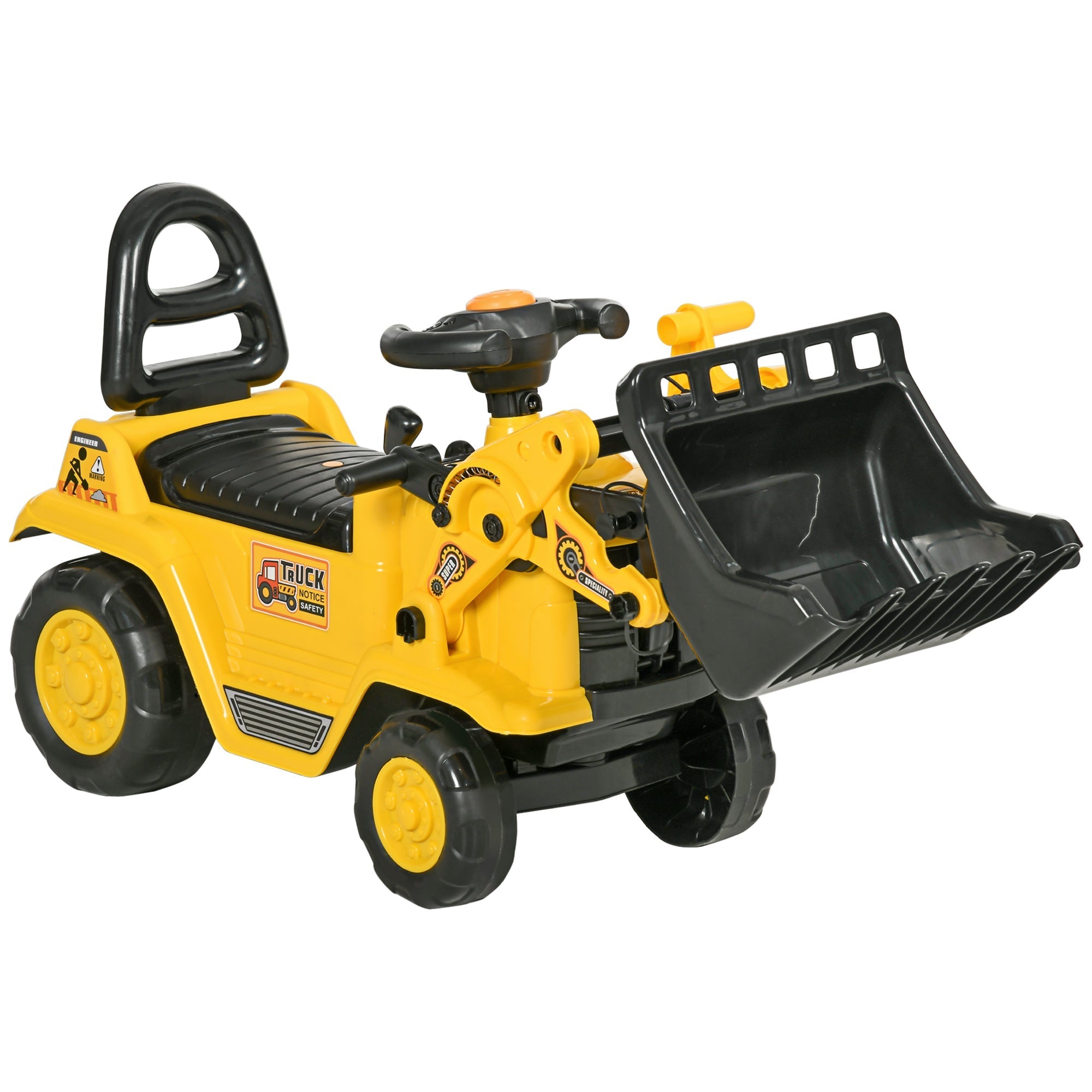 Yellow and black plastic homcom no power ride on toy excavator with four wheels steering wheel and front bucket for toddlers