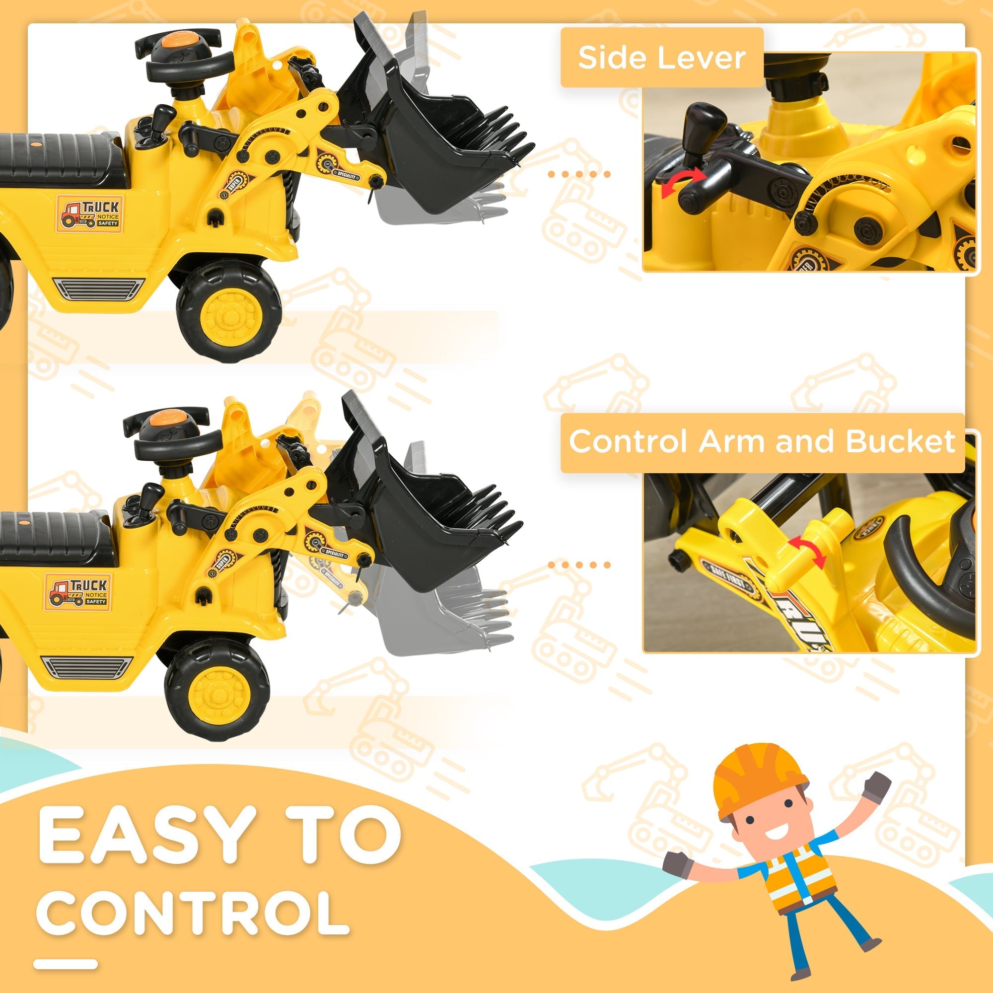 Yellow homcom no power 3 in 1 ride on toy excavator with four wheels, steering wheel, black bucket, and seat for toddlers