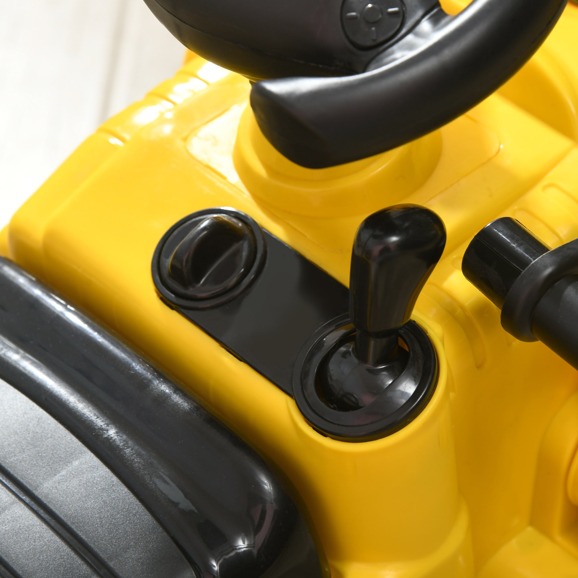 Yellow plastic homcom no power 3 in 1 ride on toy excavator with four wheels and black steering wheel for kids play