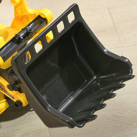 Black plastic excavator bucket with sturdy toothed edge and reinforced frame on homcom ride on toy with four wheels and steering wheel