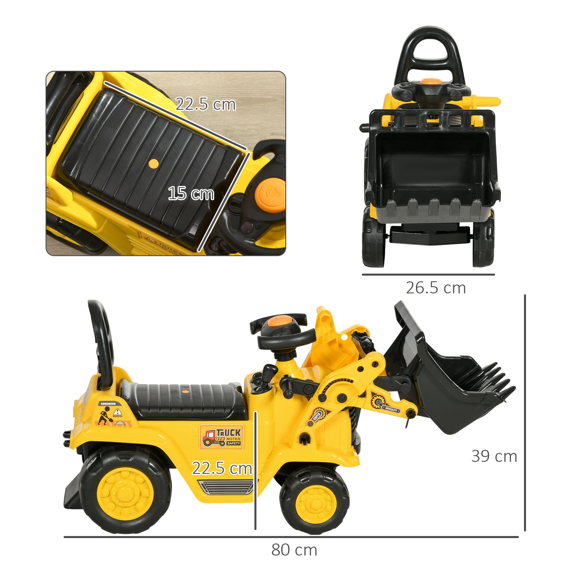 Yellow and black plastic homcom ride on toy excavator with four wheels orange steering wheel and textured seat