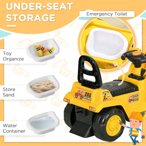 Yellow plastic homcom no power 3 in 1 ride on toy bulldozer with four wheels steering wheel and emergency toilet compartment