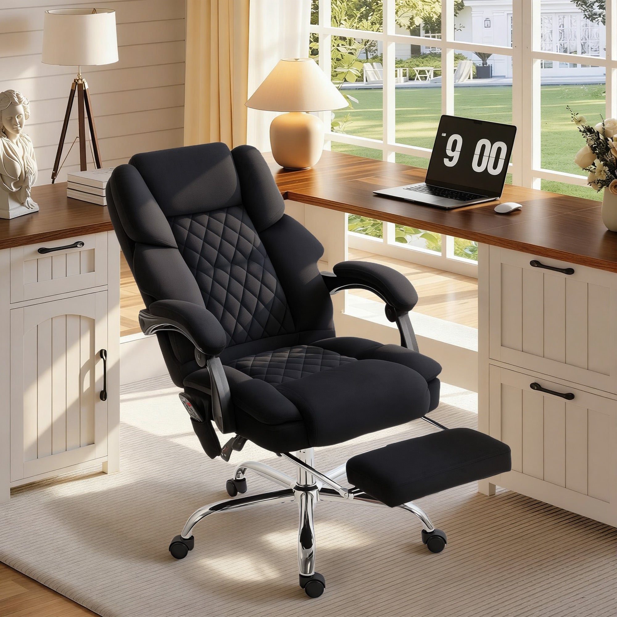Black quilted leather HOMCOM office chair with 6-point vibration massage heat and chrome base footrest massage office chair