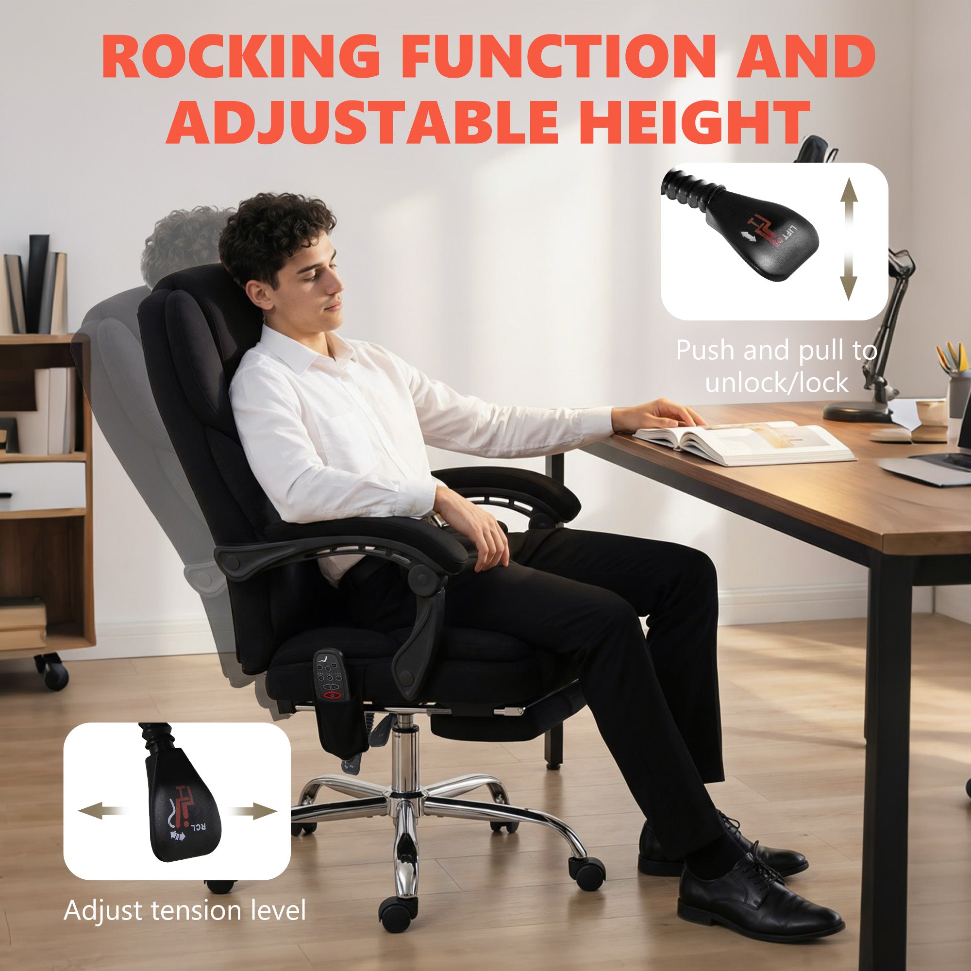 Black homcom office chair with fabric, high back, adjustable height, footrest, and 6-point vibration massage function