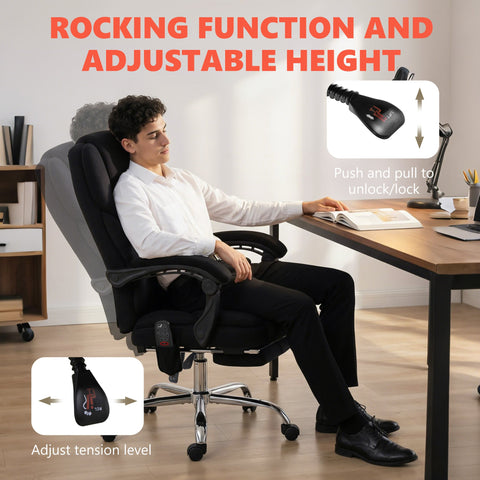 Black homcom office chair with fabric, high back, adjustable height, footrest, and 6-point vibration massage function