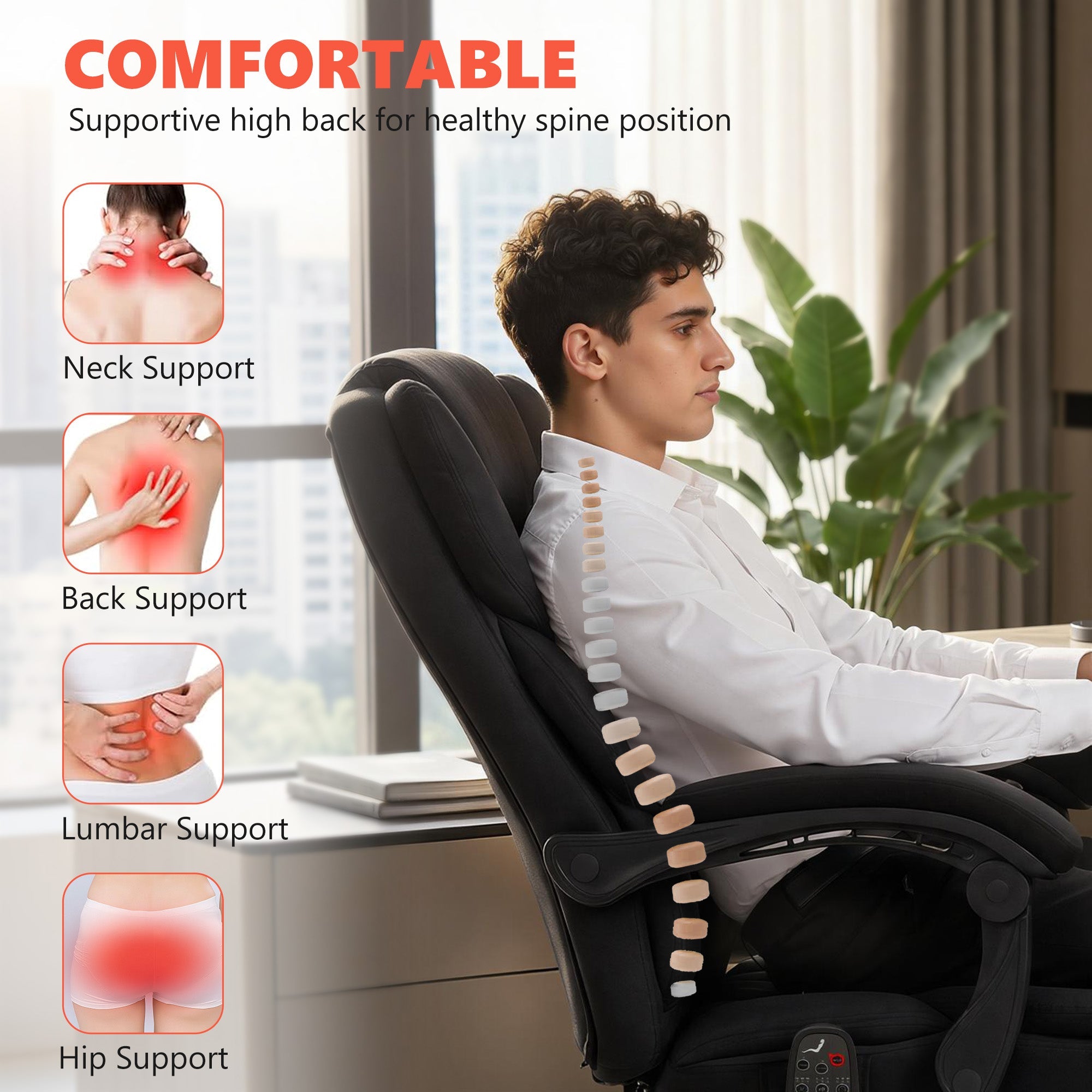Black homcom office chair with high back fabric and adjustable lumbar support featuring vibration massage