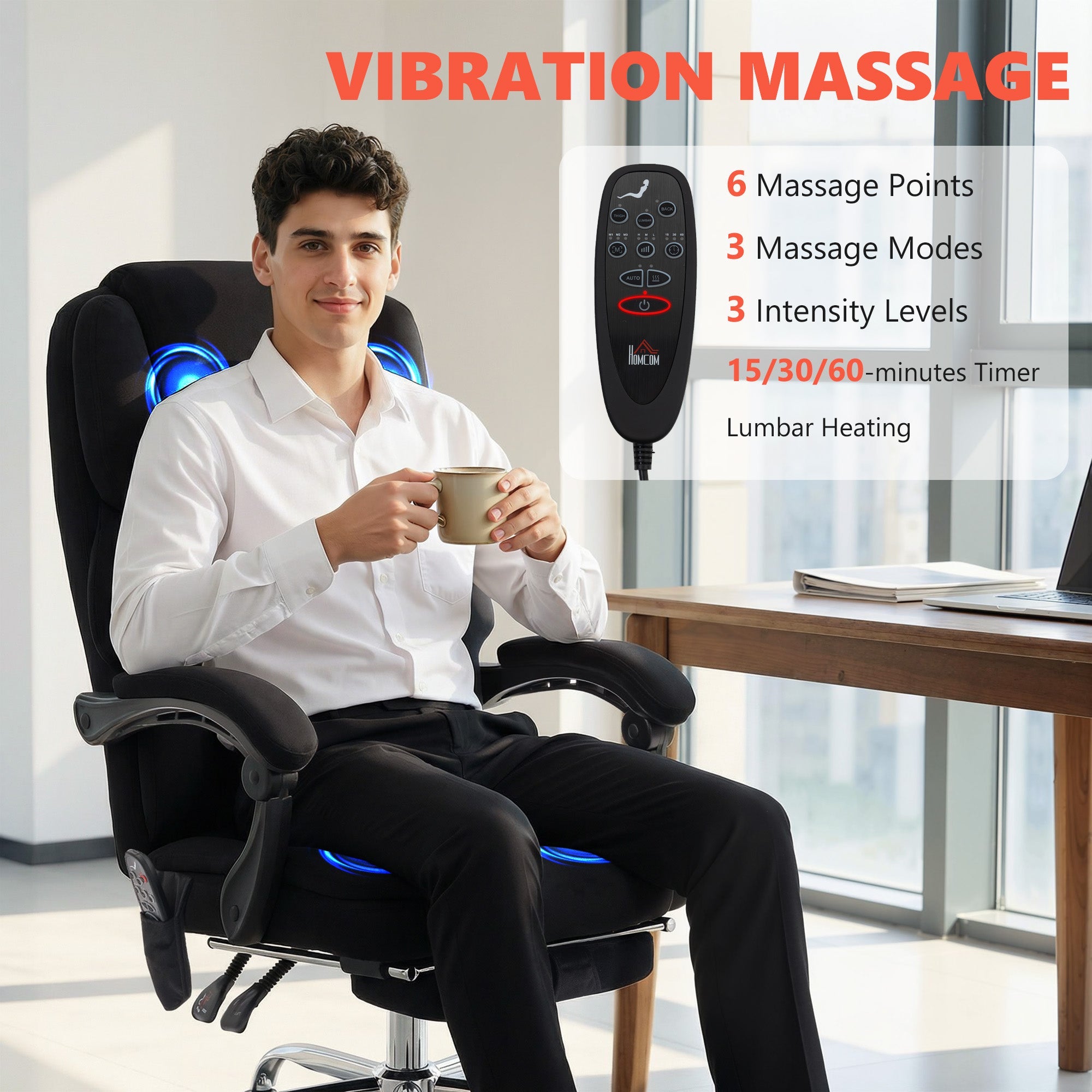 Black homcom office chair with fabric, blue led lighting, and 6-point vibration massage for ultimate comfort