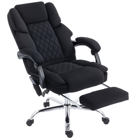 Black quilted fabric office chair with chrome base and casters featuring vibration massage and heat function
