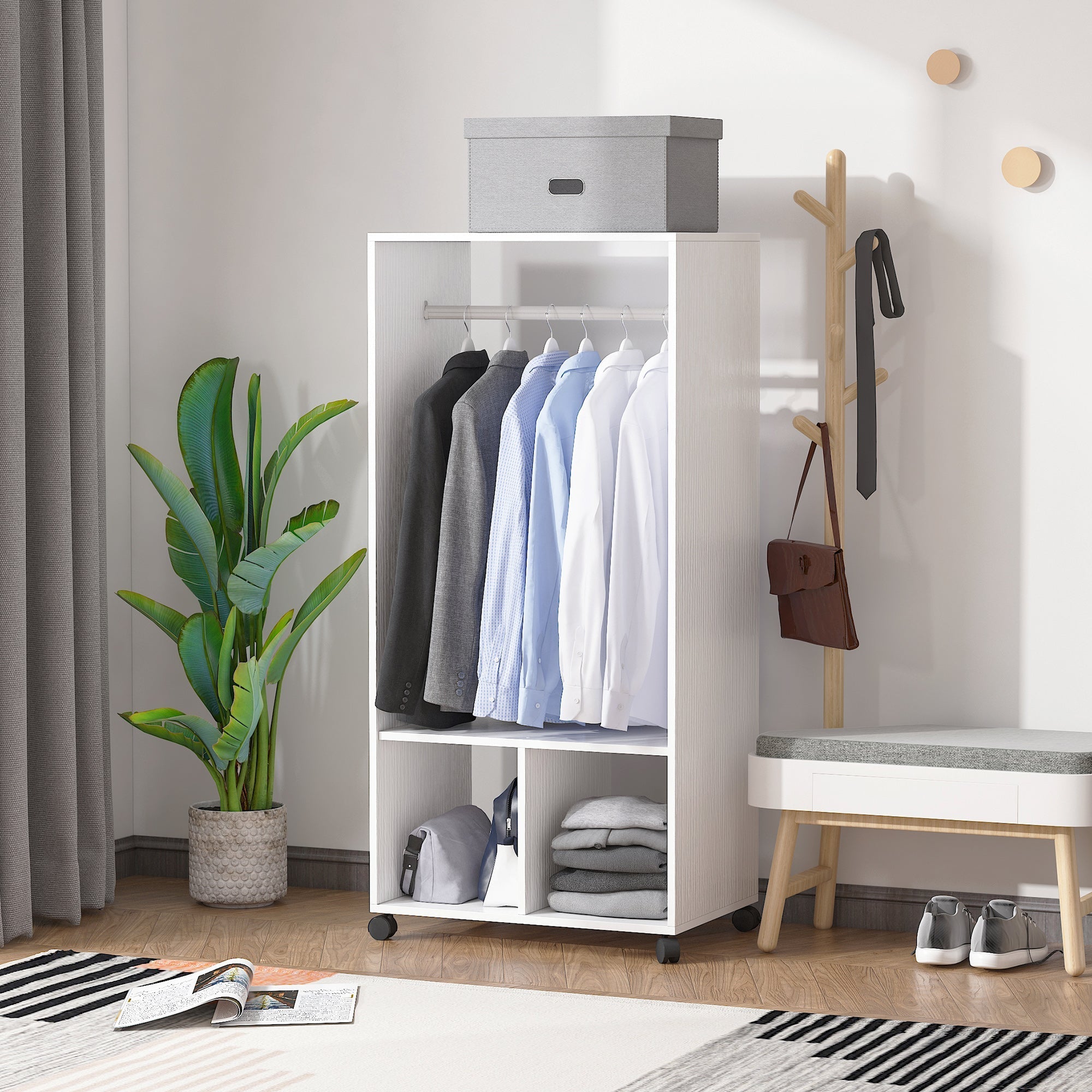 White minimalist homcom open wardrobe on wheels with aluminium hanging rail particle board shelves for cloakroom use
