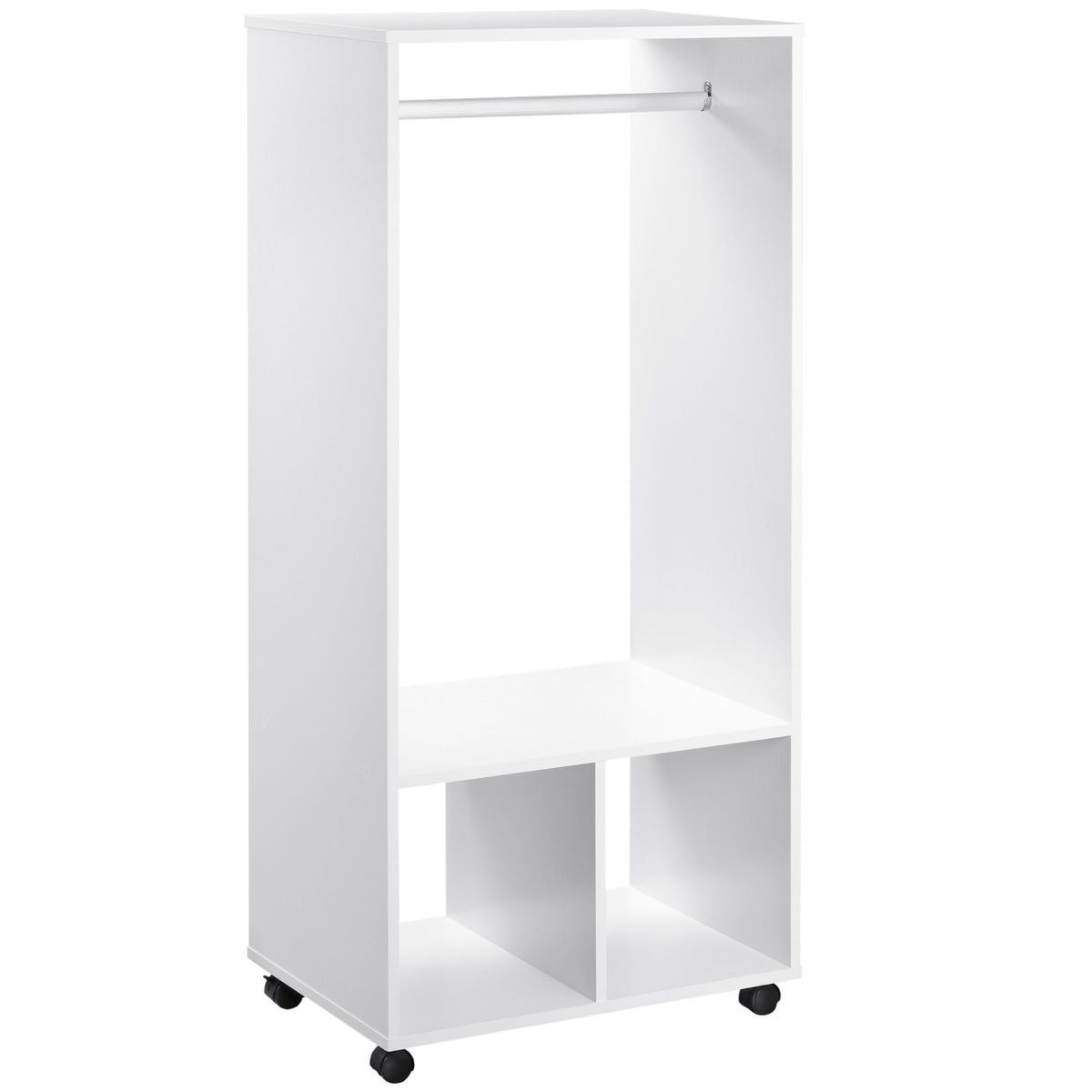 White homcom open wardrobe on wheels with particle board, aluminium hanging rail, open shelves, and lower storage compartments