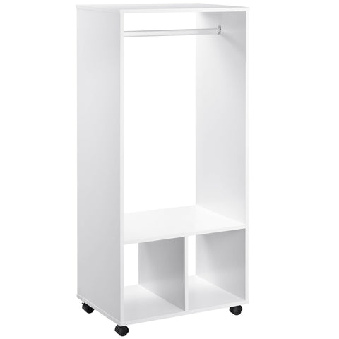 White homcom open wardrobe on wheels with particle board, aluminium hanging rail, open shelves, and lower storage compartments