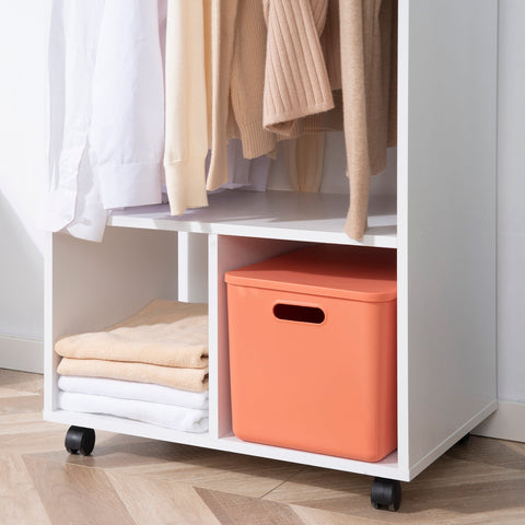 Orange plastic storage bin with rectangular handle inside homcom open wardrobe with aluminium hanging rail and particle board shelves
