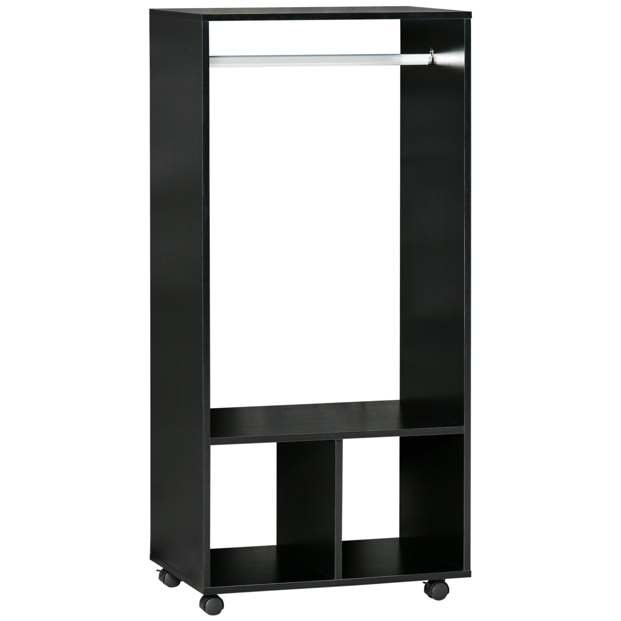 Black homcom open wardrobe on wheels with aluminium hanging rail particle board shelves and open cubbies for storage