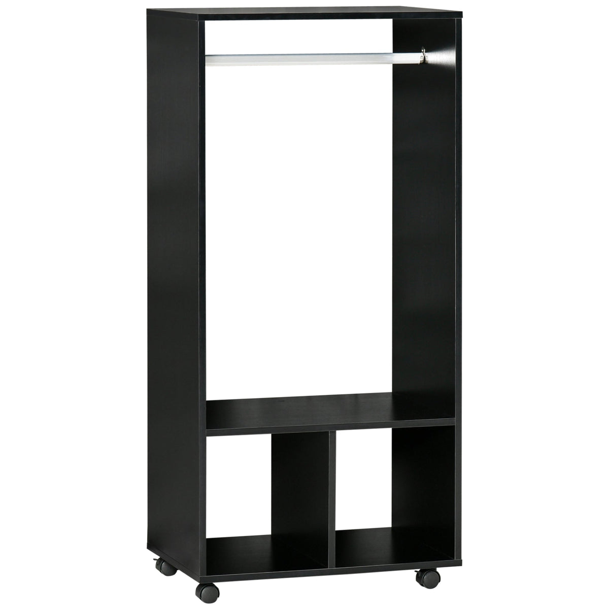 Black homcom open wardrobe on wheels with aluminium hanging rail particle board shelves and open cubbies for storage