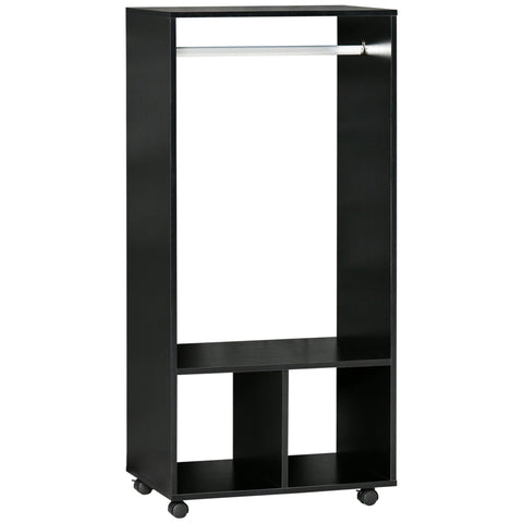 Black homcom open wardrobe on wheels with aluminium hanging rail particle board shelves and open cubbies for storage