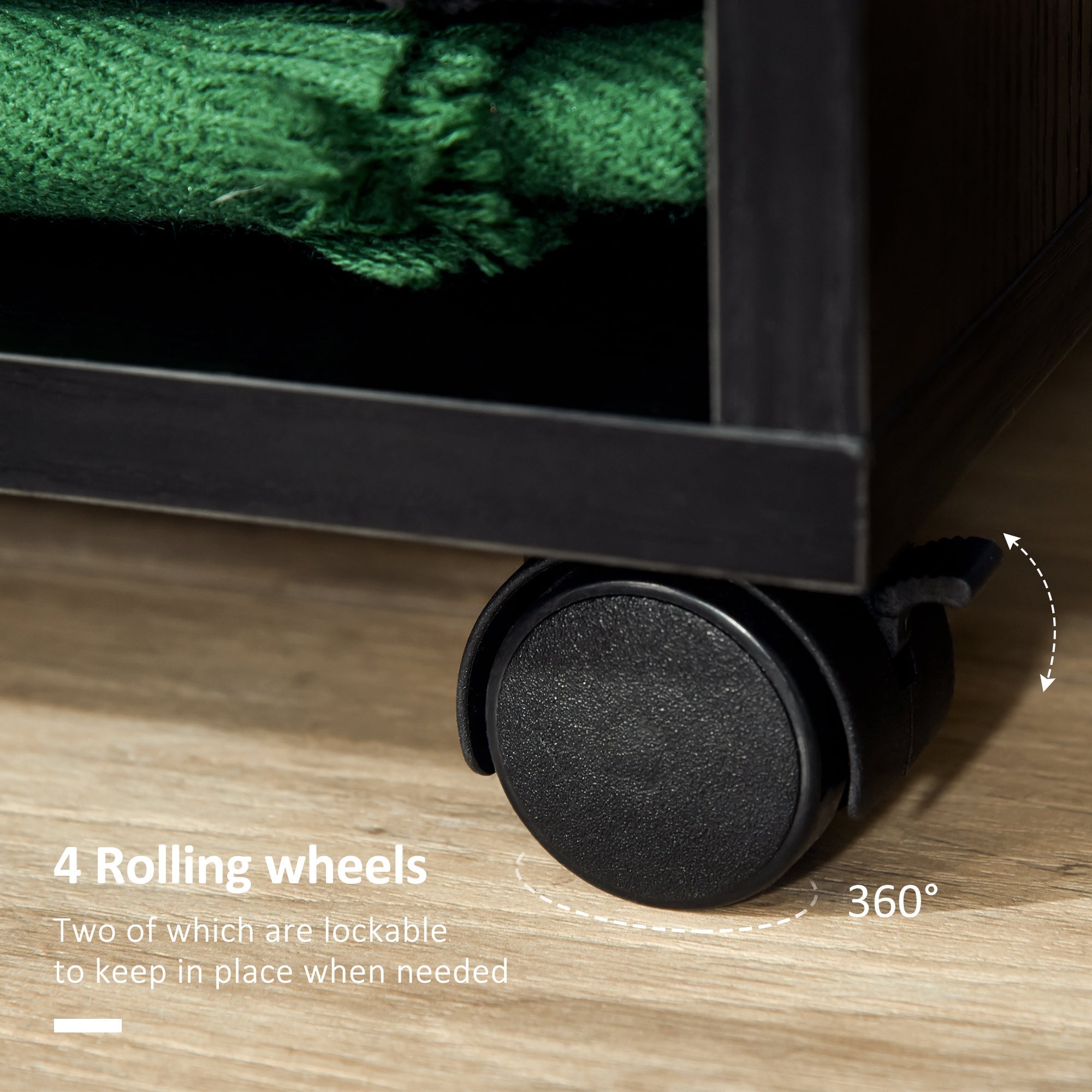 Black rubber caster wheel with brake lever on homcom open wardrobe with aluminium hanging rail and particle board shelves