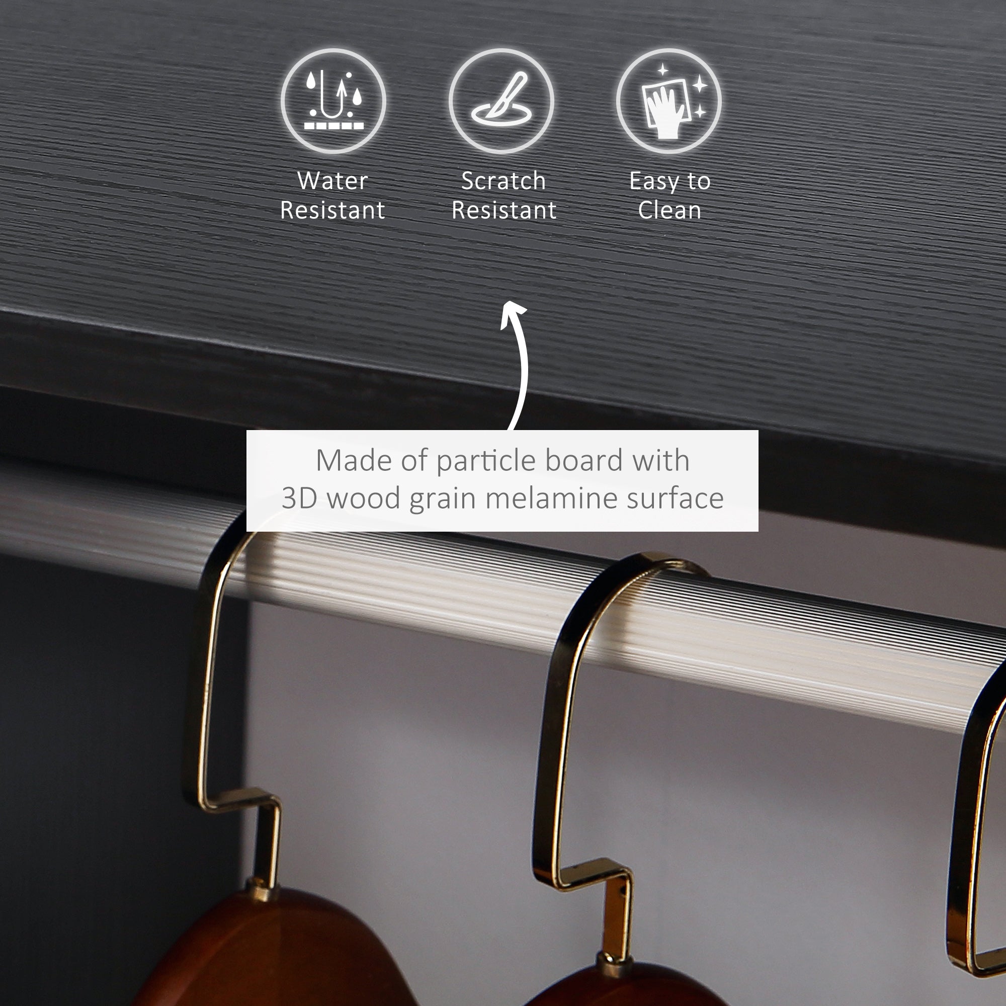 Black particle board open wardrobe with 3d wood grain melamine surface gold-tone metal hooks and aluminium hanging rail