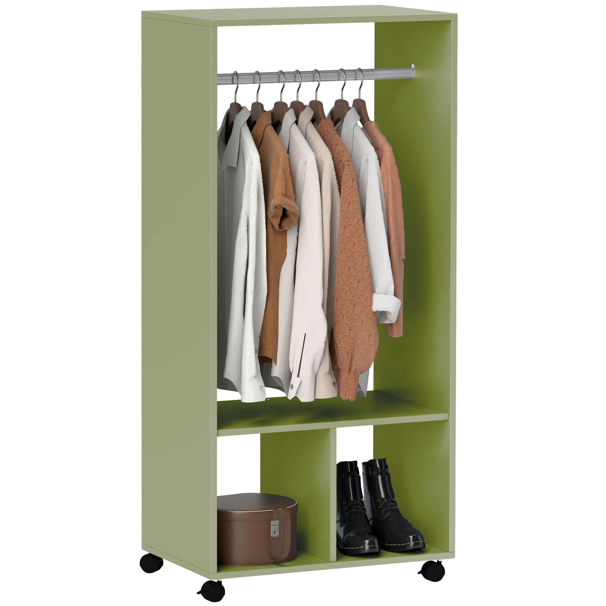 A light green homcom open wardrobe on wheels with aluminium hanging rail and particle board storage shelves for clothes