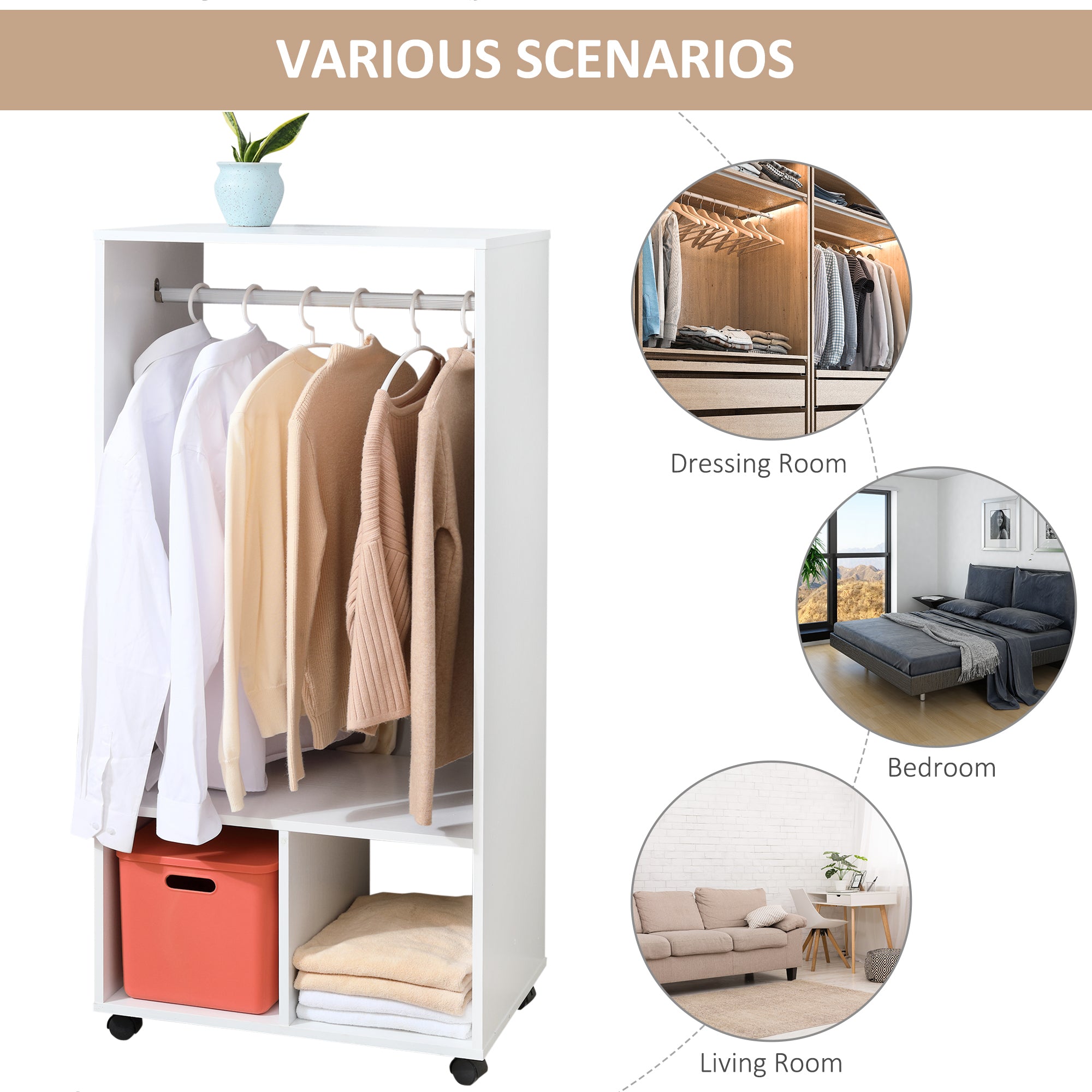 White particle board wardrobe with aluminium hanging rail and 2 shelves on wheels for bedroom or hallway use