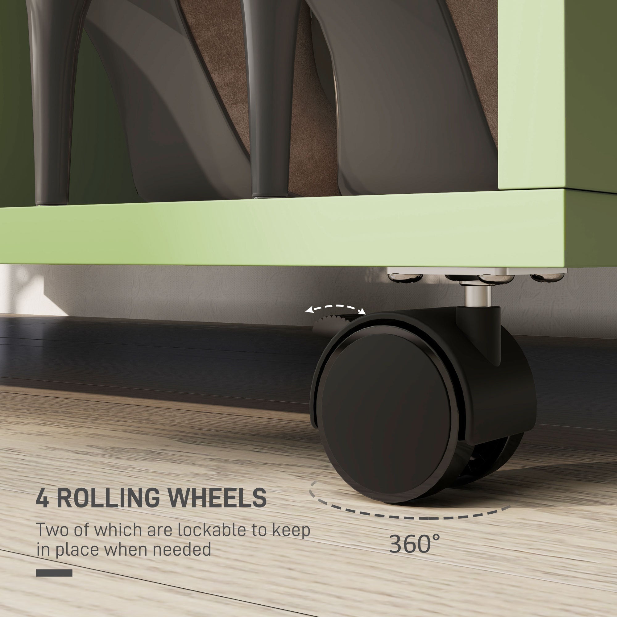 Black 360-degree swivel caster wheel with locking mechanism on green homcom open wardrobe with aluminium hanging rail