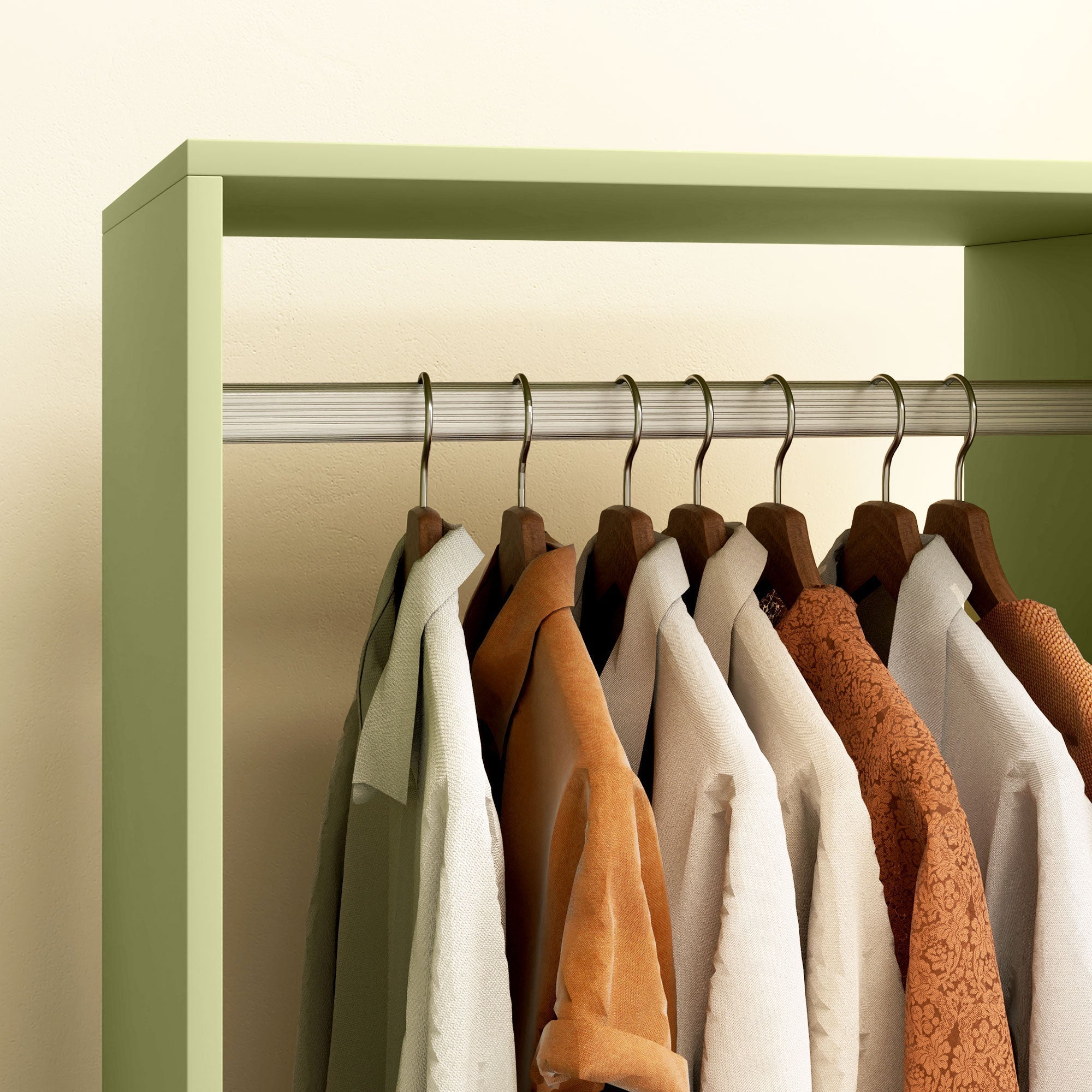 A row of garments hung on wooden hangers on a light green homcom wardrobe with aluminium hanging rail and particle board shelves