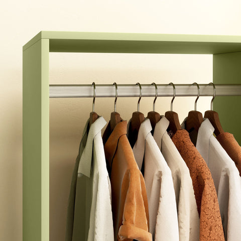A row of garments hung on wooden hangers on a light green homcom wardrobe with aluminium hanging rail and particle board shelves