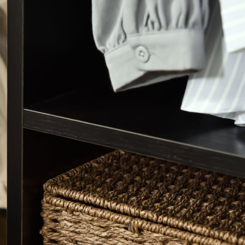 A woven wicker storage basket with a matching lid inside homcom black open wardrobe with aluminium hanging rail and particle board shelves