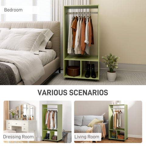 Light green particle board wardrobe with aluminium hanging rail wheels open shelves for cloakroom hallway use