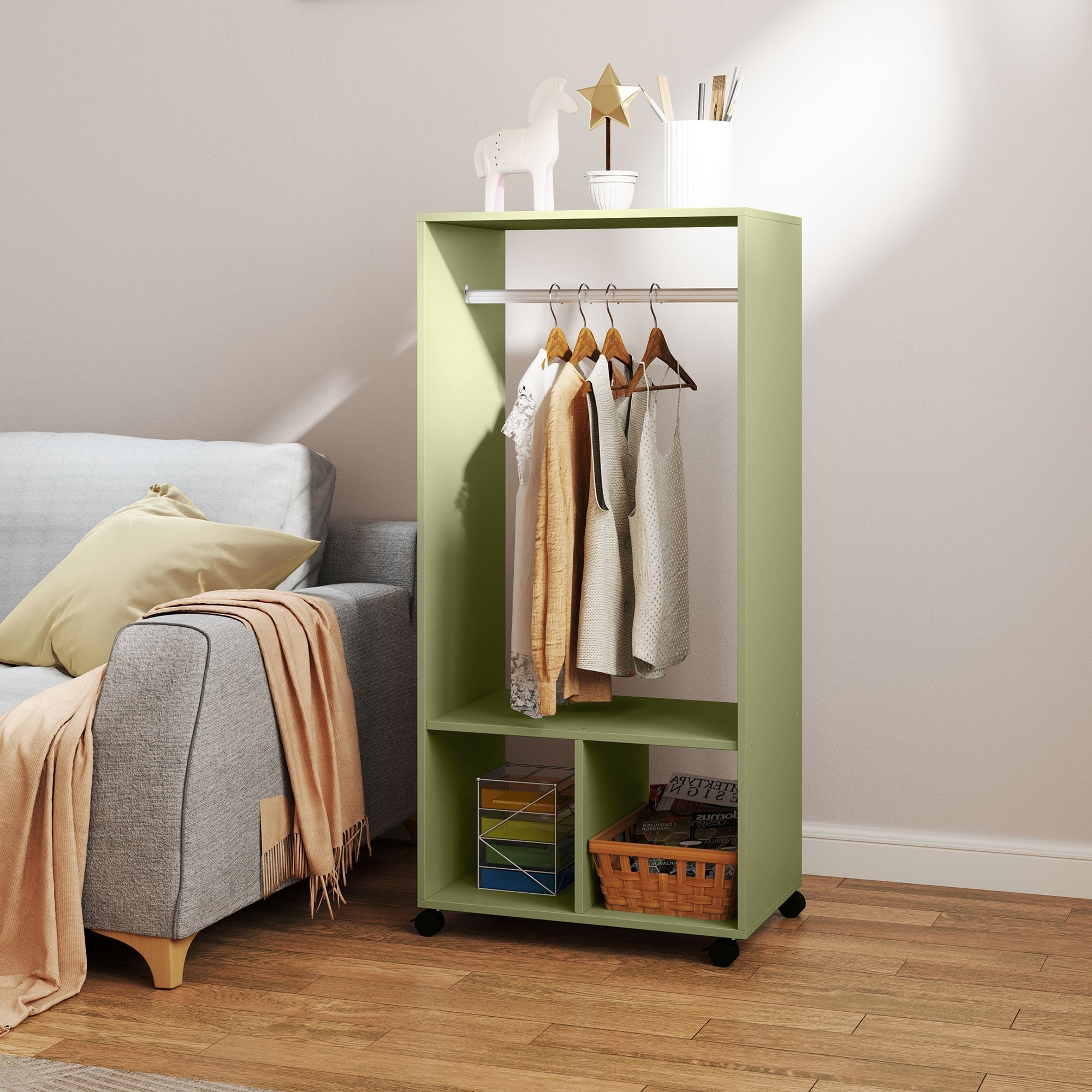 Light green homcom open wardrobe on wheels with aluminium hanging rail wooden hangers and particle board shelves
