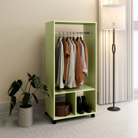 Light green homcom open wardrobe on wheels with aluminium hanging rail and particle board shelves for bedroom use