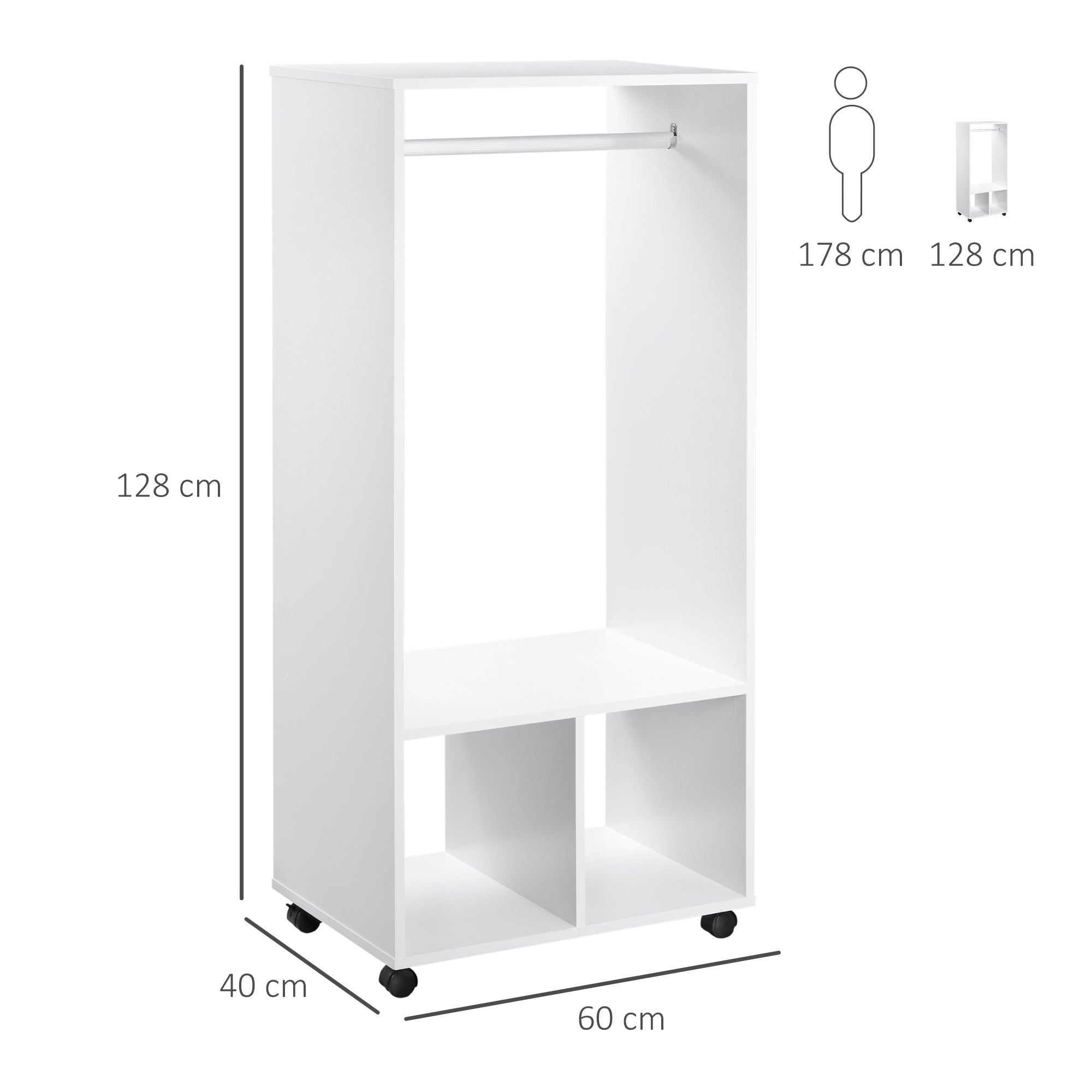 White homcom open wardrobe on wheels with aluminium hanging rail particle board shelves and two open cubbies