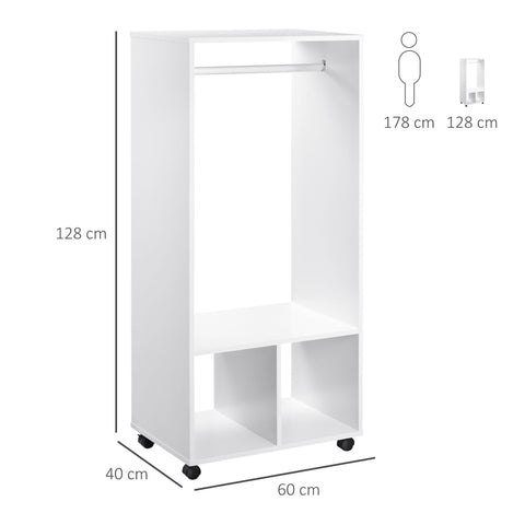 White homcom open wardrobe on wheels with aluminium hanging rail particle board shelves and two open cubbies