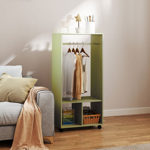 Light green particle board homcom open wardrobe with aluminium hanging rail, shelves, and caster wheels for clothes