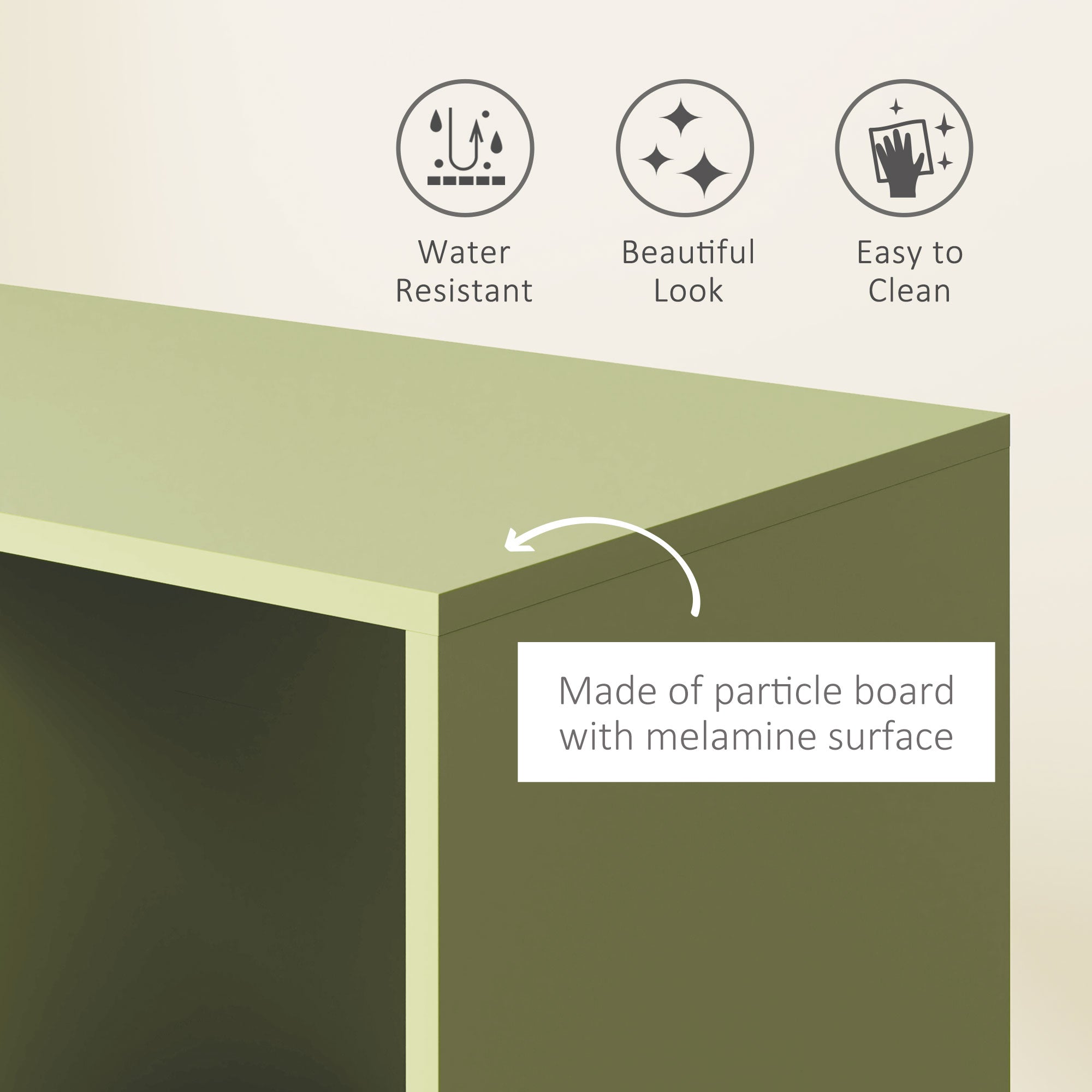 Olive green particle board wardrobe with aluminium hanging rail and 2 shelves on wheels for bedroom or hallway use