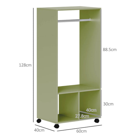 A sleek sage green HOMCOM open wardrobe on wheels with aluminium hanging rail and particle board shelves for clothes storage